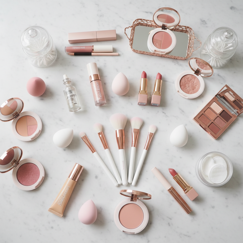 33-Piece Makeup Kit lifestyle flat lay on marble vanity